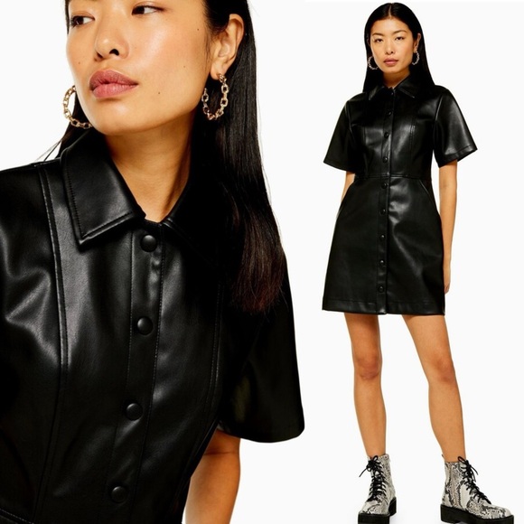 Sz 8 Topshop Black Faux Leather Mini Pu Button Down Shirt Dress GUC - Picture 6 of 6